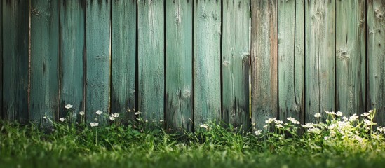 Weathered wooden fence with wild daisies and grass in foreground, soft lighting, Copy Space