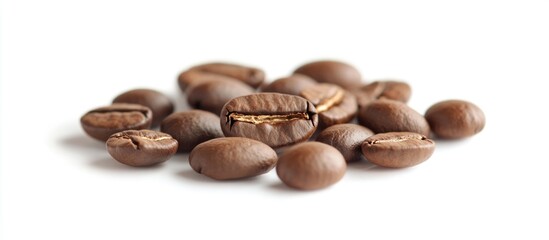 Fototapeta premium Roasted Coffee Beans Pile on White Background with Copy Space