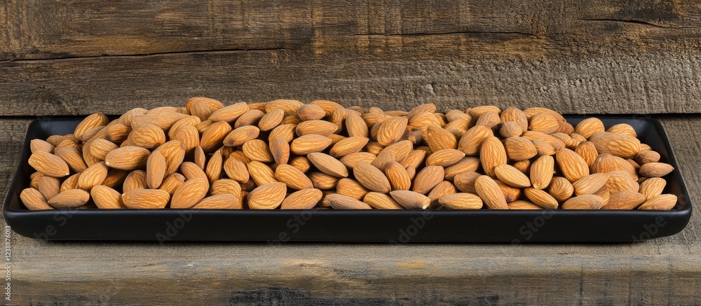 Poster Almonds in a black rectangular tray on a wooden surface with a rustic texture and Copy Space for text placement