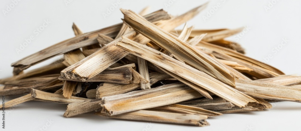 Poster dry wooden sticks arranged in a pile on a gray background showing natural texture and color copy spa