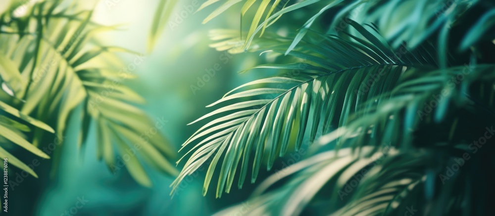 Poster lush green palm leaves background with soft focus lighting and natural bokeh effect suitable for des