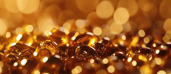 Golden gel capsules on a shimmering background with blurred bokeh lights creating a warm and rich visual texture Copy Space