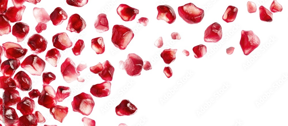 Poster scattered pomegranate seeds isolated on white background with ample copy space for text placement