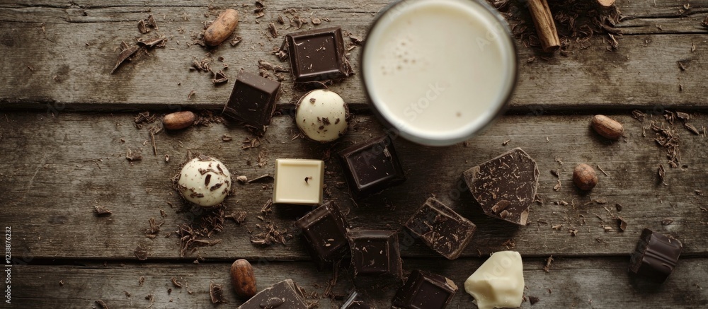 Poster chocolate assortment with milk in glass on rustic wooden table with cocoa and nuts scattered around.