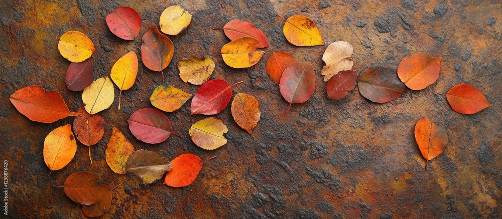 Poster autumn leaves scattered on a textured background in warm colors with copy space for text placement