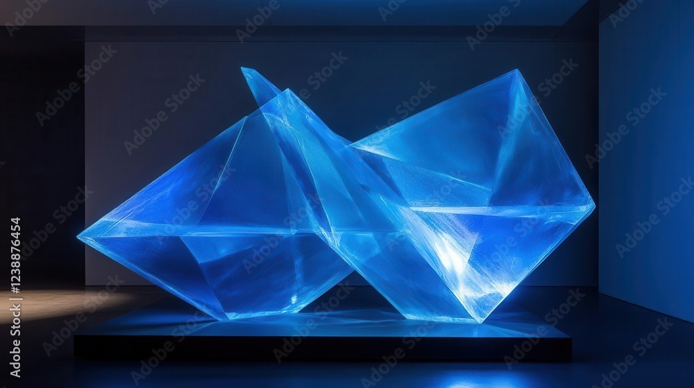 Poster crystalline geometric structure emerging from darkness, made of translucent blue glass with internal