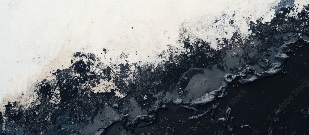 Poster abstract texture with black and white tones resembling ink or paint splatter on a surface with copy 