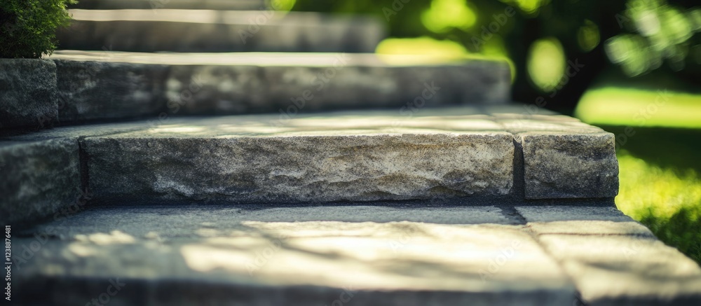 Poster close-up view of stone steps in a garden setting with lush greenery in the background featuring natu