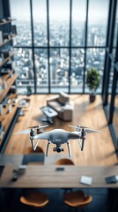 A sleek drone hovers in the air of a contemporary office space, offering a breathtaking view of the bustling city below