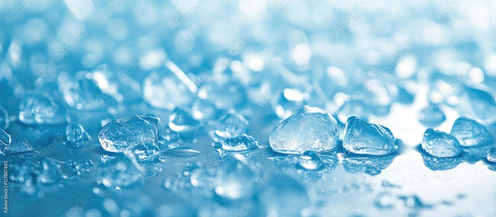 Poster blue ice cubes with water droplets and reflections on a shiny surface with a smooth background textu