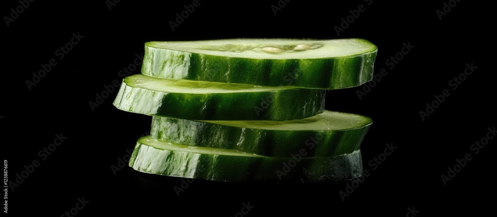 Poster sliced cucumber pieces stacked on top of each other isolated on black background with copy space for