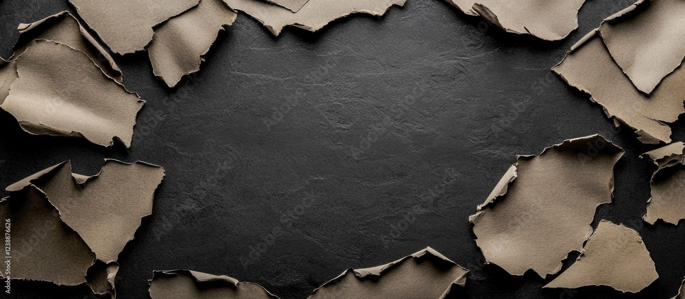 Poster textured black background with torn beige paper edges creating a frame, suitable for various design 