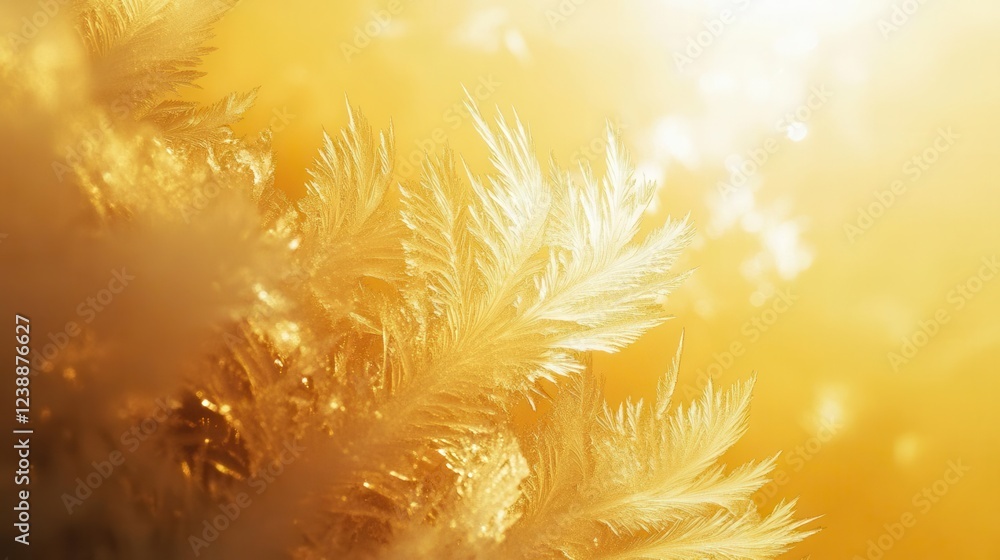 Poster crystalline ice patterns forming intricate fractals on frosted glass, backlit by soft golden sunrise