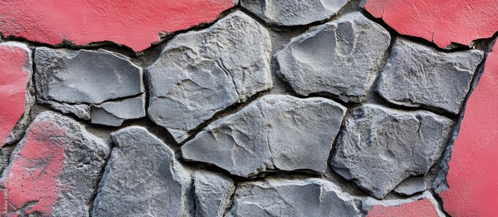 Aufkleber gray stone wall with rough texture and cracks on a pink background featuring ample copy space for te