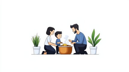 Family enjoying a meal together around a table in a cozy home environment with plants