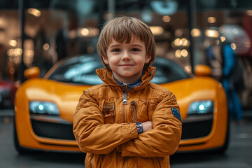 Portrait of a smiling child standing with crossed arms in front of a blurred yellow sports car in a...