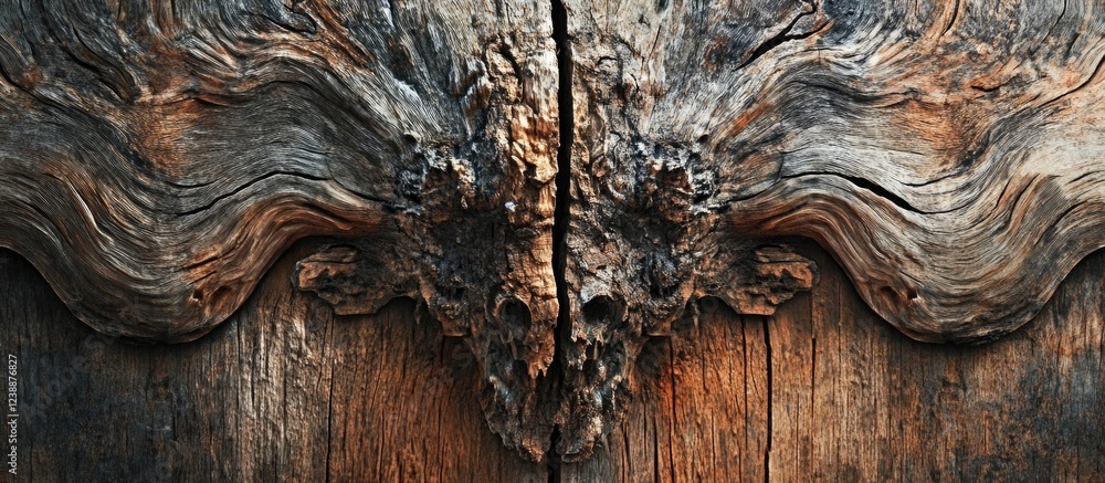 Aufkleber detailed texture of an ancient wooden surface with a carved skull motif and intricate grain patterns