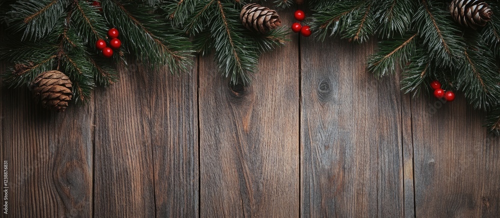 Poster christmas tree branches with pine cones and red berries on rustic wooden background with copy space 