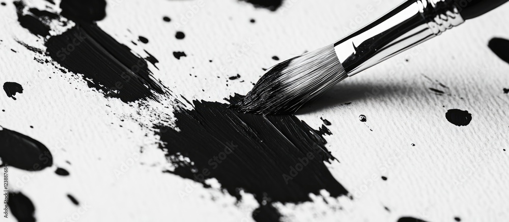 Poster black paint splashes and brush on textured white canvas creating artistic composition with negative 