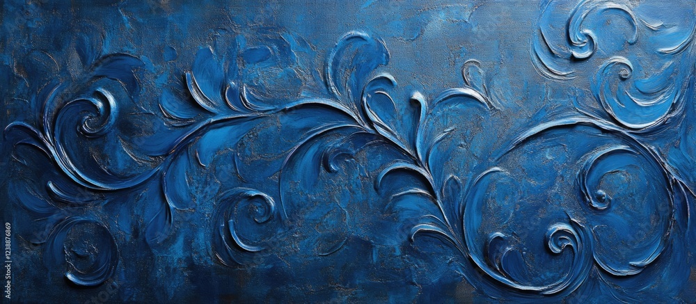 Poster textured abstract blue background with floral swirls and curls in relief, suitable for artistic comp