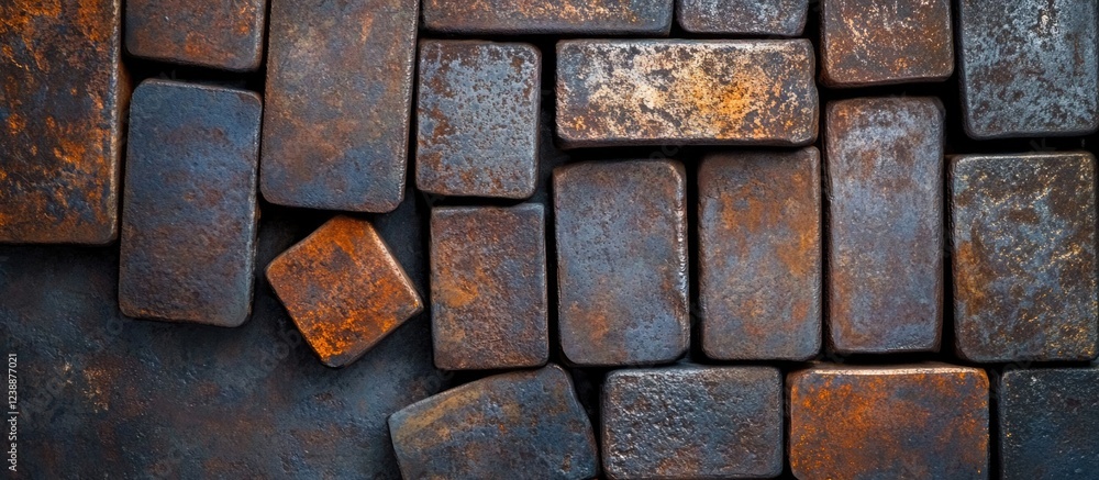 Aufkleber rustic iron bricks in various shapes and sizes with oxidized texture and dark background