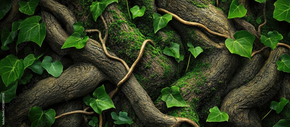 Poster close-up of intertwined tree roots covered with green moss and ivy leaves on a dark background with 