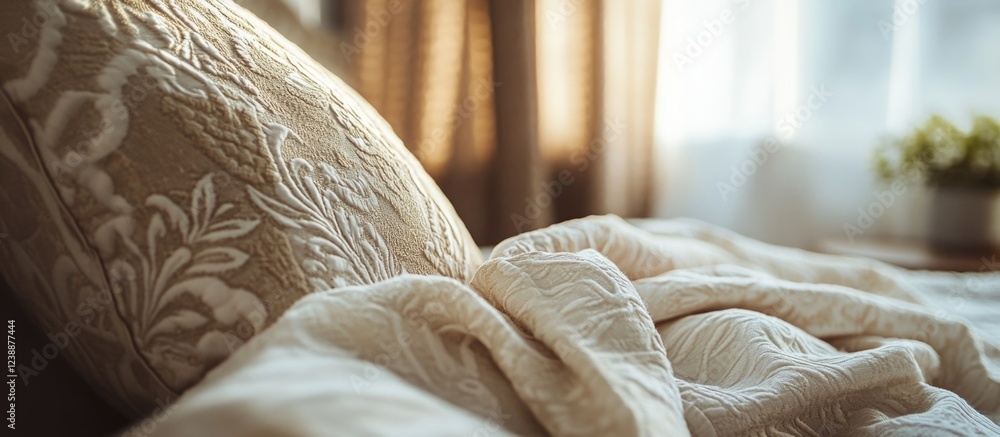 Aufkleber close-up of textured bedding with elegant pillow and soft blanket in a well-lit cozy room with windo