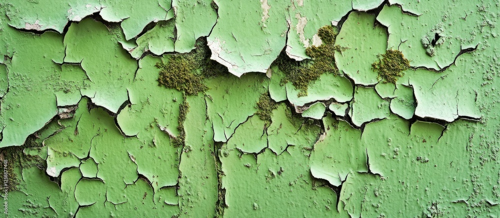 Poster old green paint peeling off a wall with texture and small patches of moss visible, suitable for back