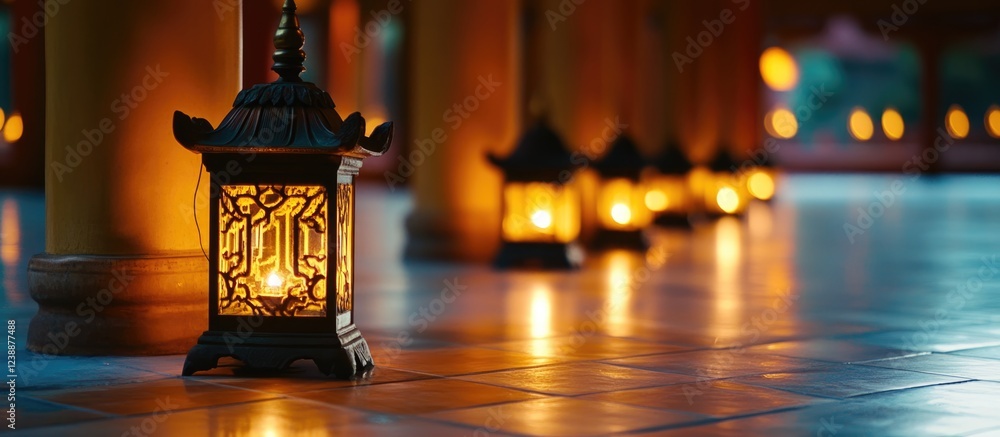 Aufkleber decorative lanterns illuminating a tranquil pathway in a traditional setting with warm glow and tile