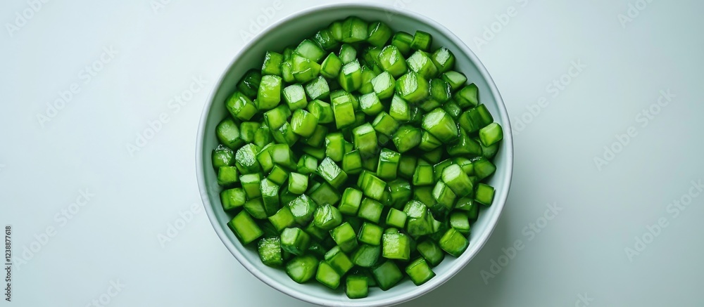 Aufkleber diced fresh green cucumbers in a white bowl on a light background with ample copy space for text pla
