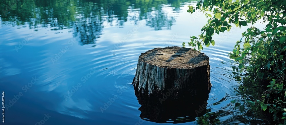 Poster stump in calm water surrounded by greenery reflecting in the surface with gentle ripples in a serene