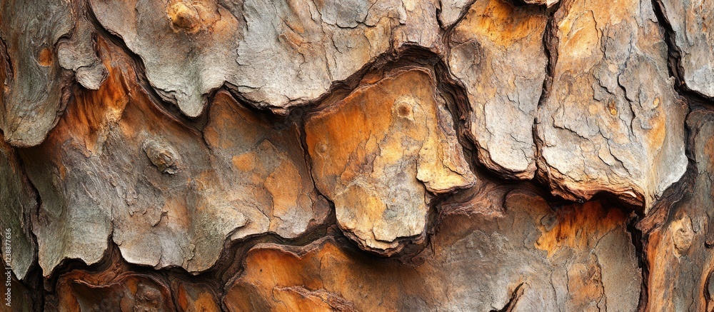 Poster textured close-up of pine tree bark showing intricate patterns and natural colors with earthy tones 