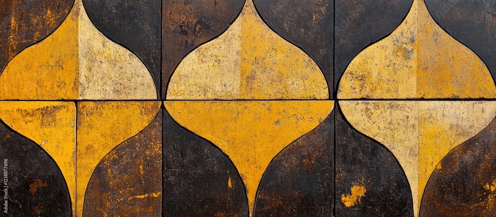 Poster abstract geometric pattern with yellow and black circular shapes on textured tiles