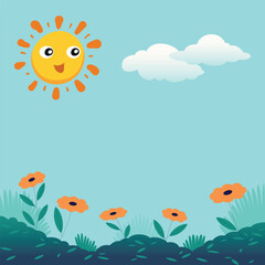 A vivid landscape with a bright yellow sun, red and yellow flowers among lush green grass against a blue sky with fluffy clouds.