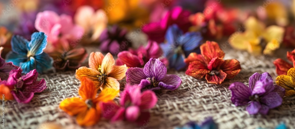 Poster colorful dried flowers arranged on a textured burlap background with soft focus and depth of field c