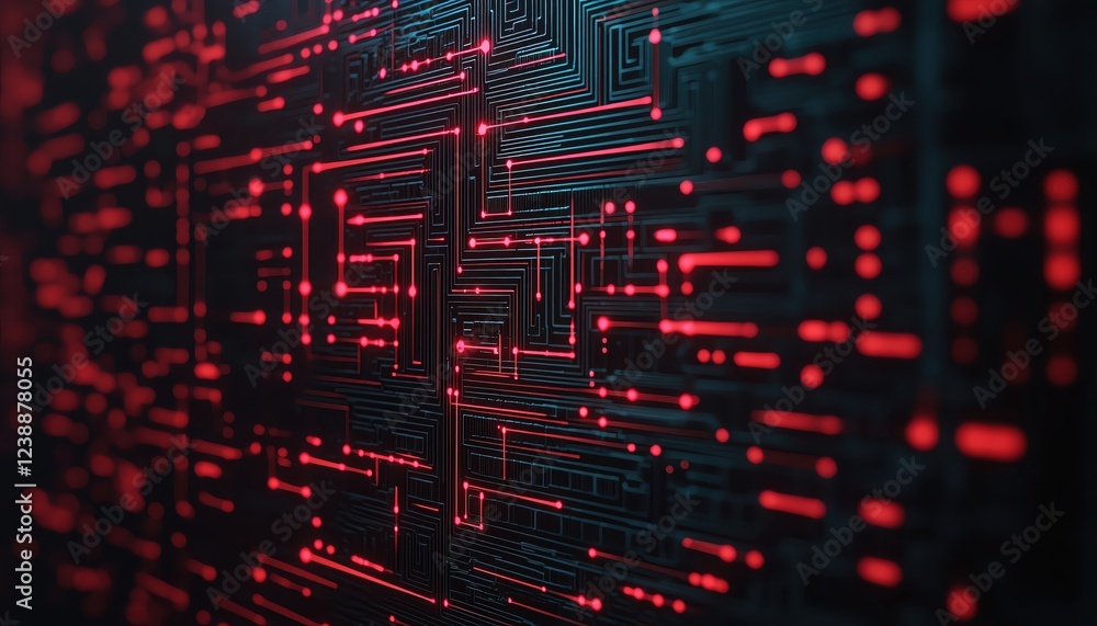 Poster abstract technology background with red circuit lines on black surface.