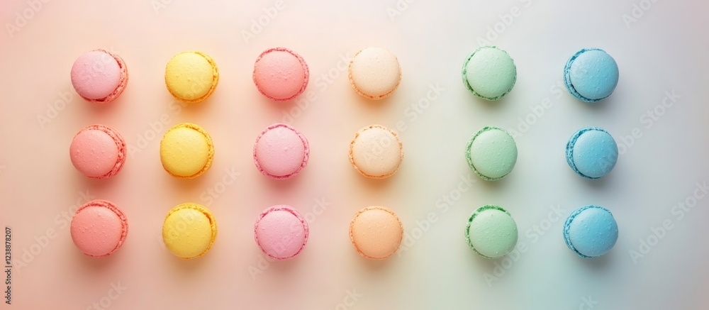 Poster colorful assorted macarons arranged in two rows on a smooth pastel background with soft gradient hue