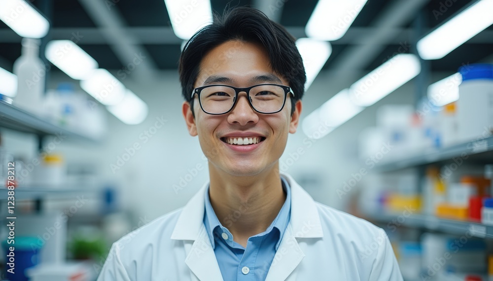 Poster smiling scientist in a lab coat stands in a brightly lit laboratory.