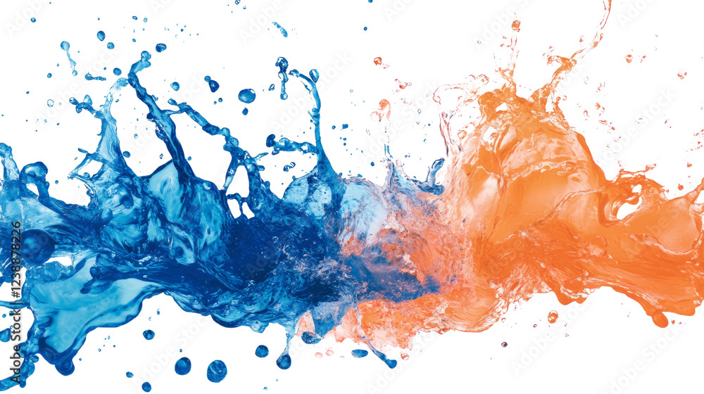 Poster an abstract image depicting a vibrant blue and orange liquid splash against a black background showc