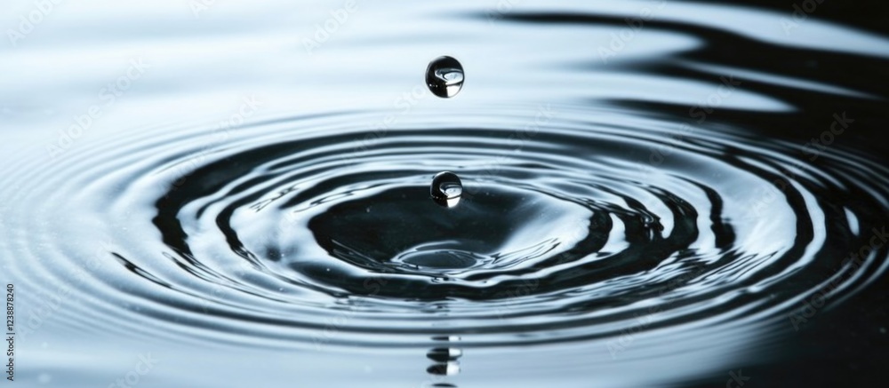 Poster water droplets creating ripples on the surface of a calm body of water with reflections and concentr