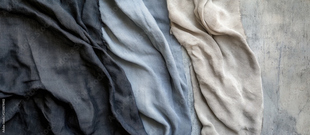 Poster textured fabric in shades of gray and beige arranged in a flowing manner on a neutral background wit