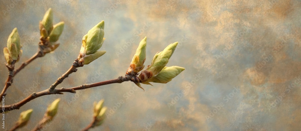 Poster green buds on a branch against a textured background with soft colors and gentle light copy space