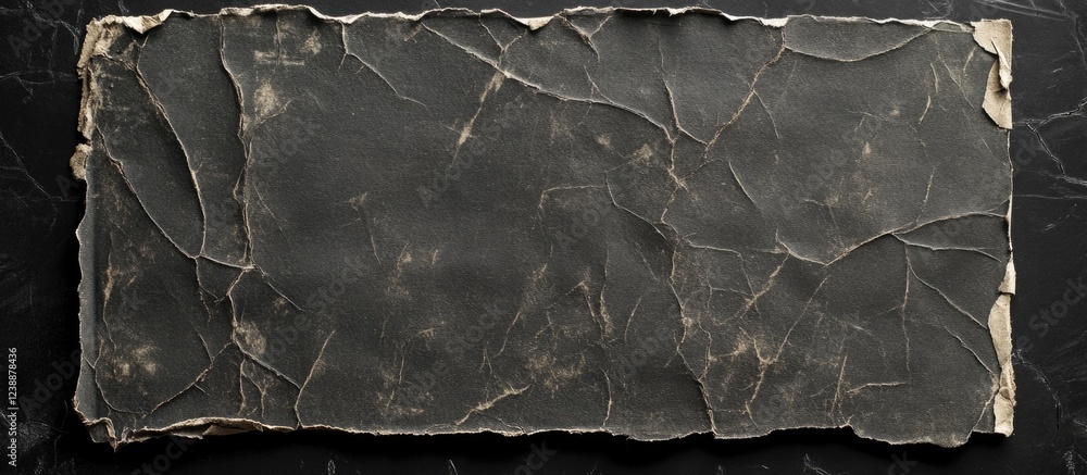 Poster weathered rectangular slate stone with cracks and rough edges on black background, top view.