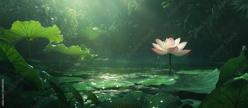 Poster lotus flower on a pond surrounded by large green leaves with soft light filtering through trees in a