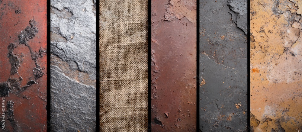 Poster collection of textured surfaces including rusty metal and burlap in vertical alignment with high det