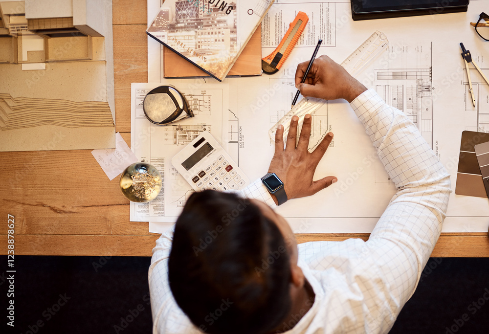 Aufkleber man, architect and drawing on document in office of architecture design, floor plan and project sket