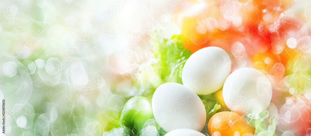 Poster fresh eggs on colorful salad background with blurred bokeh effect and vibrant colors copy space