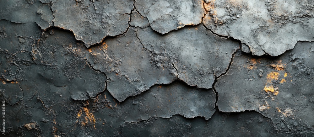Poster cracked and weathered dark textured surface with hints of orange and yellow detailing ideal for back