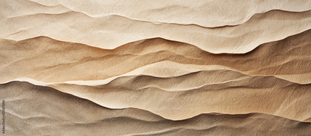 Poster abstract textured background of crumpled and layered paper in warm beige and brown tones with flowin