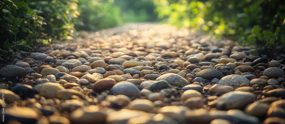 Poster pathway covered with smooth pebbles surrounded by lush greenery natural scene with copy space for te